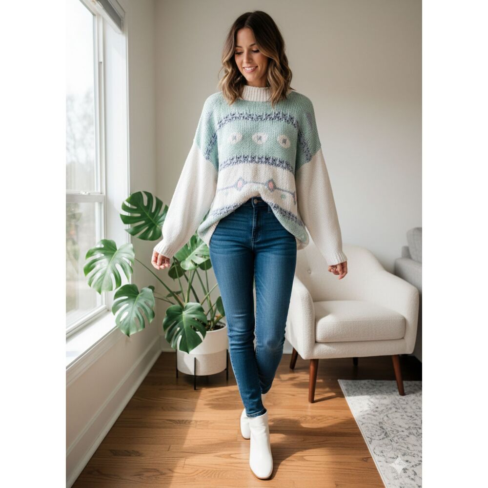 Vtg Liz Thomas II Sweater L Blue White Grandmacore Coastal Cottagecore Knit